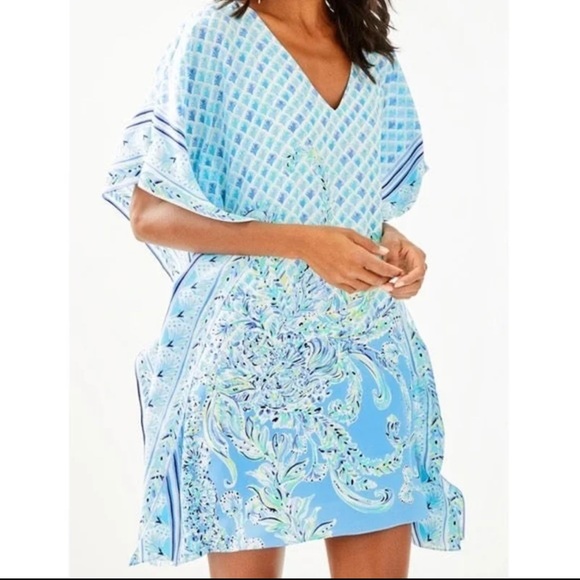 NWT Lilly Pulitzer LindaMarie silk caftan Dress size S/M Bondi Blue scuba doo - Picture 1 of 8